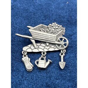 Vintage LCD Pewter Wheelbarrow Brooch Pin With Charms gardening